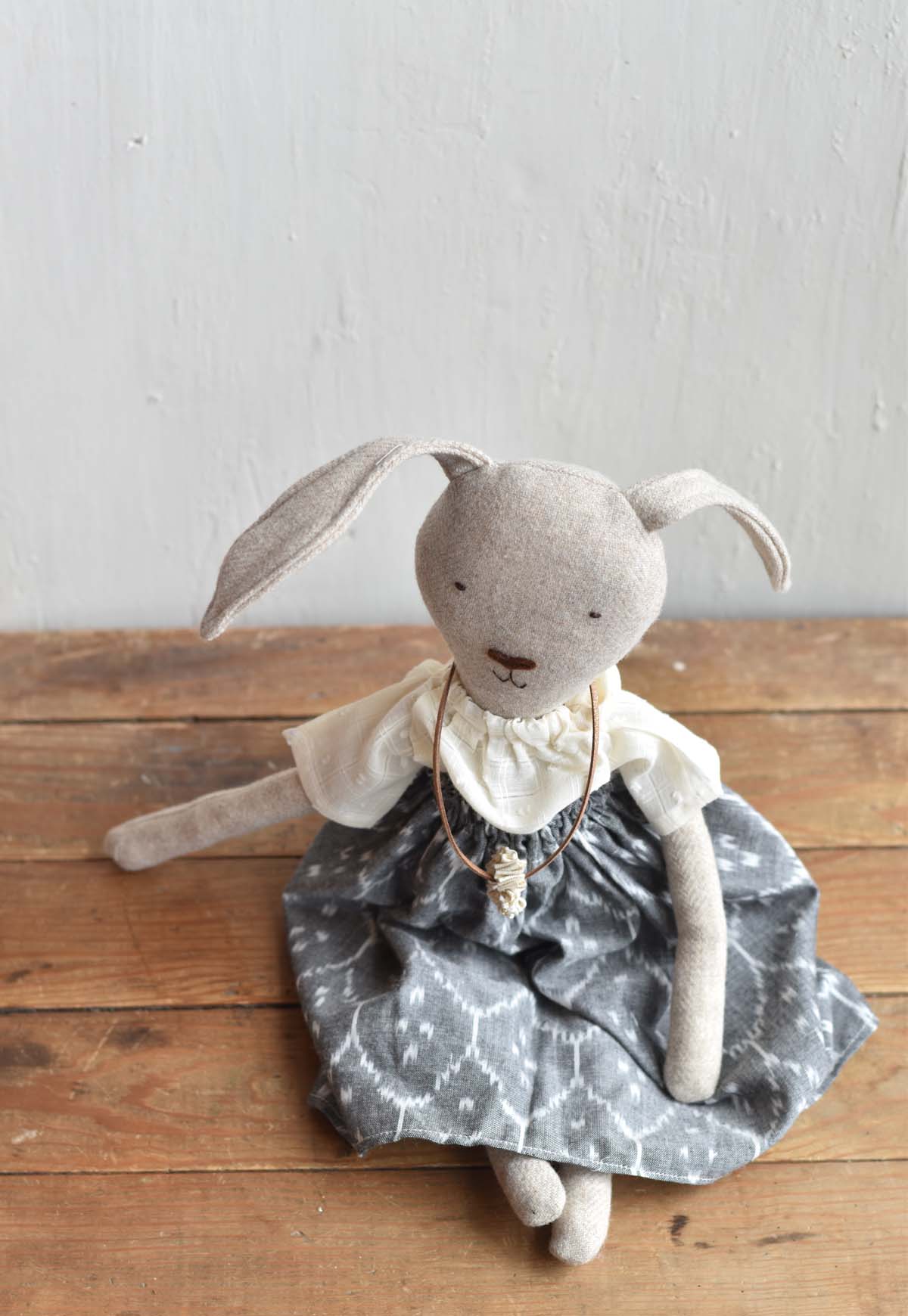 Ruthie the Rabbit doll - Ikat Skirt - Handmade Heirloom Toy | Woolgrass Farm