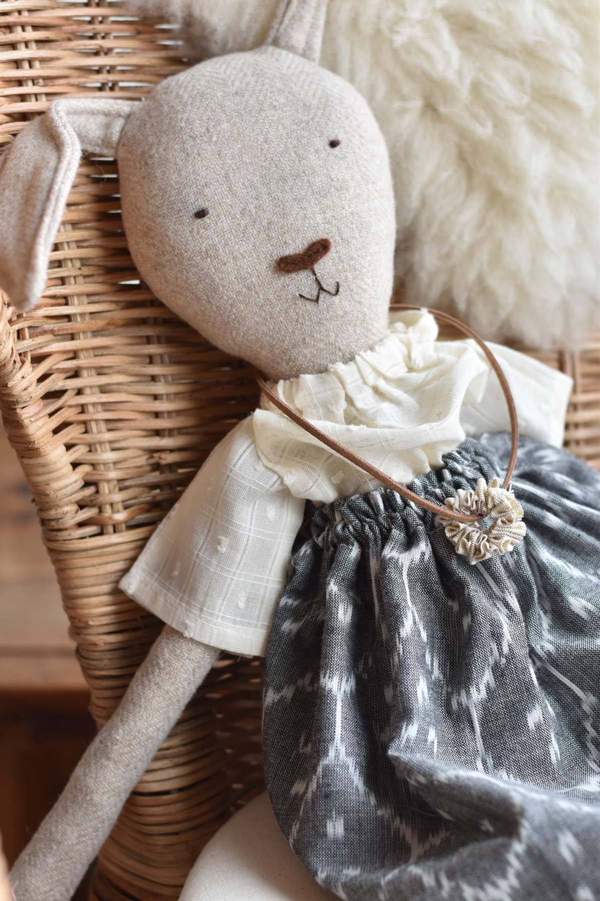 Ruthie the Rabbit doll - Ikat Skirt - Handmade Heirloom Toy | Woolgrass Farm