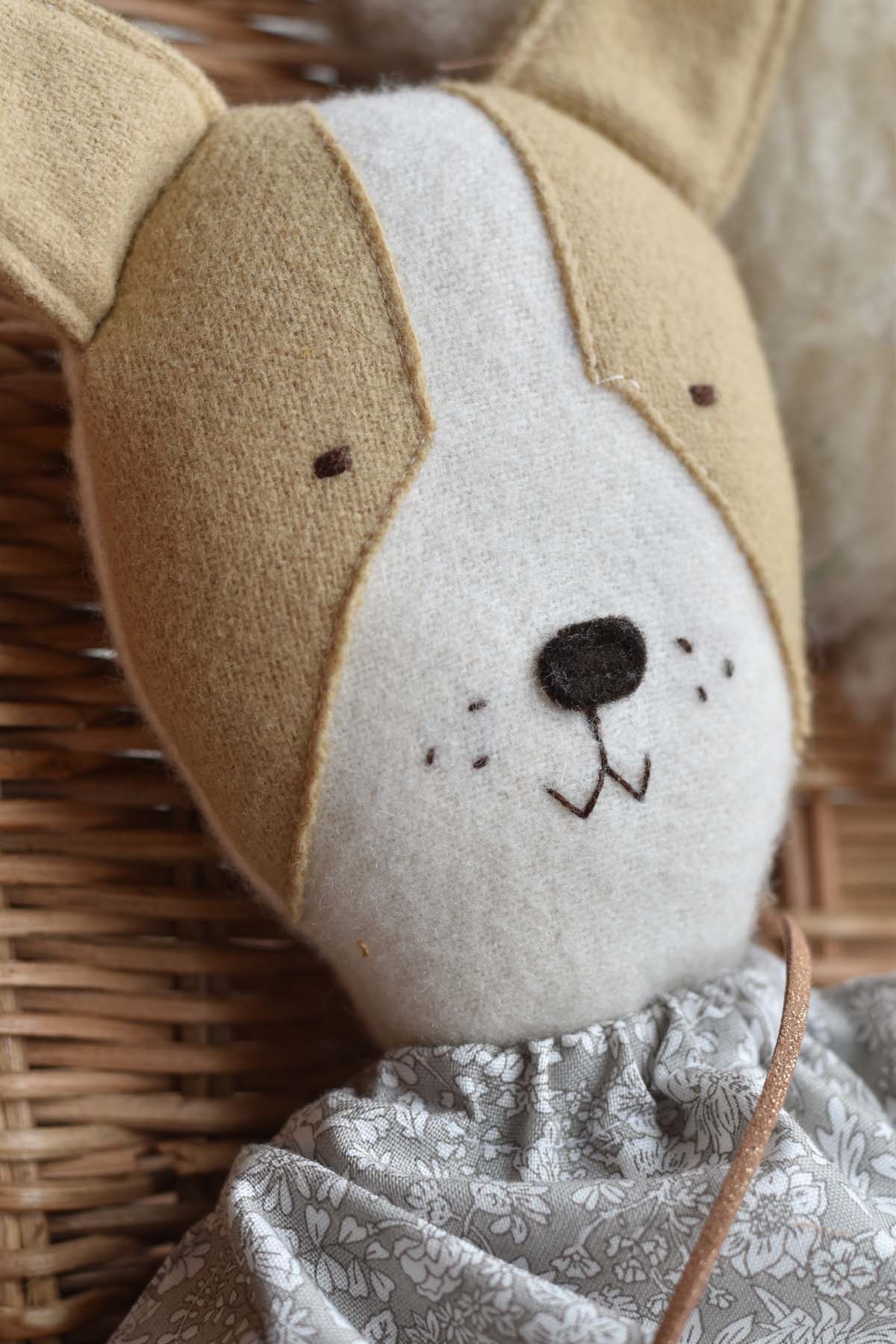 Fig the Frenchie Dog - Liberty Floral Dress- Handmade Wool Doll - Woolgrass Farm
