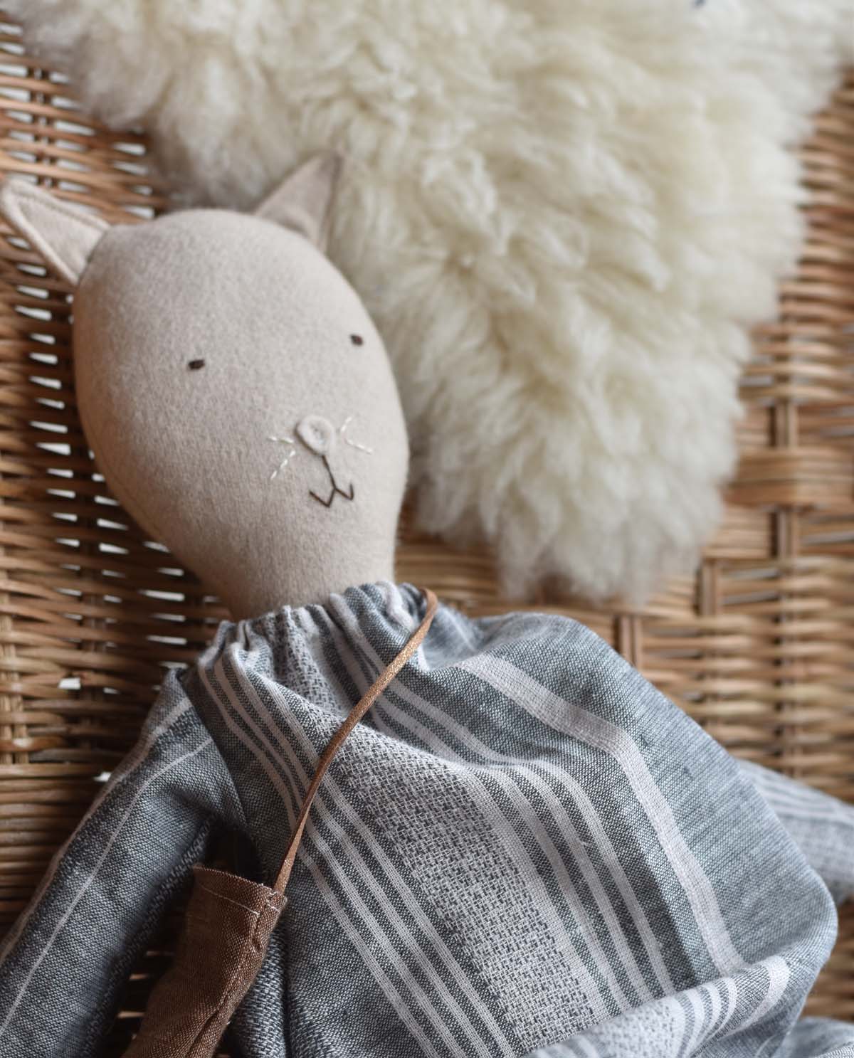 Mae the Barn Cat -Striped Linen Dress- Handmade Wool Doll - Woolgrass Farm