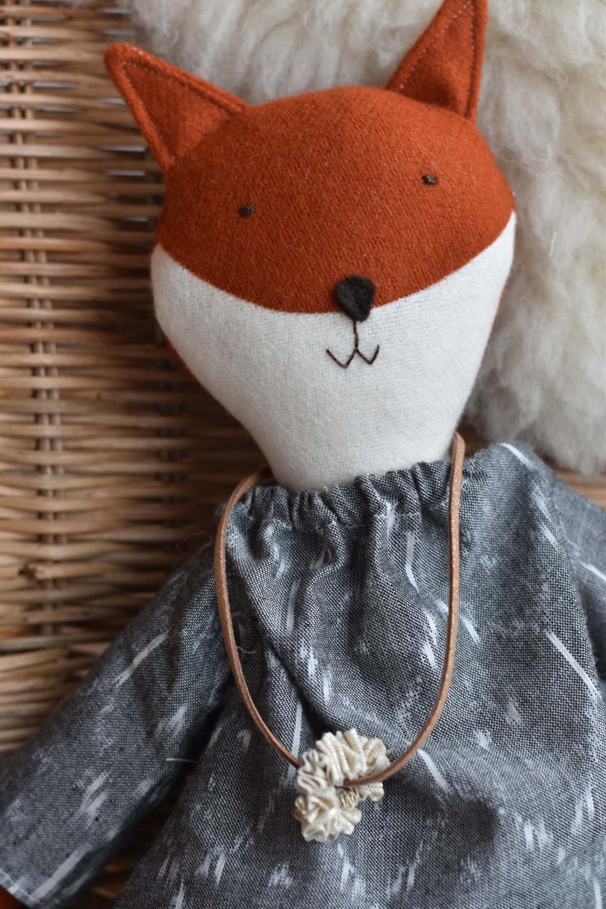 Florette the Fox- Ikat Dress - Handmade Wool Doll - Woolgrass Farm
