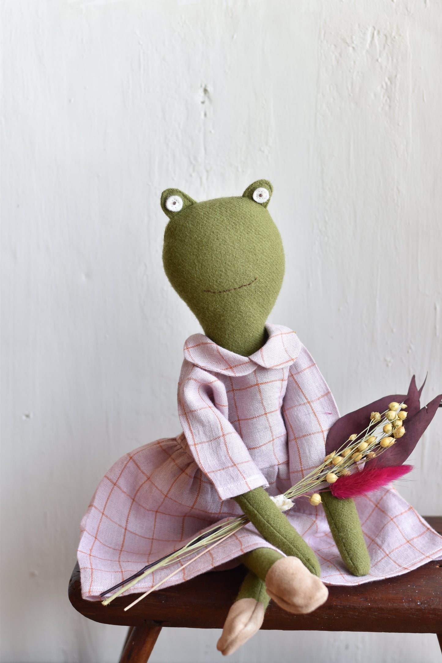 Fern the Frog doll- Linen Grid Gather Dress