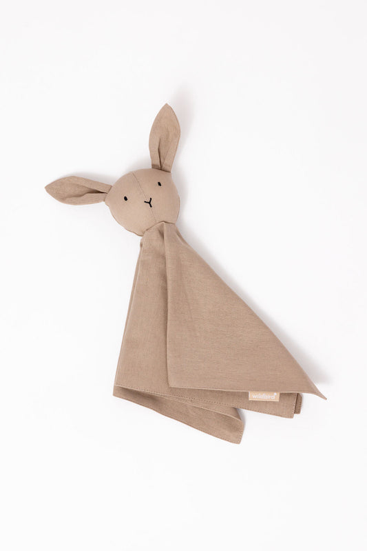 Brown rabbit-shaped plush toy on a white background