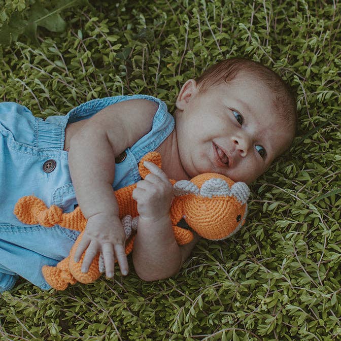Baby lying on grass with an orange dinosaur toy, wearing blue overalls