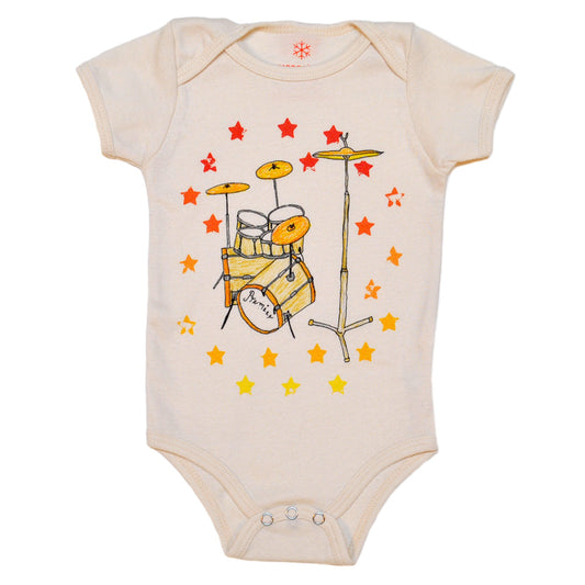 Baby onesie with drum set illustration on a white background