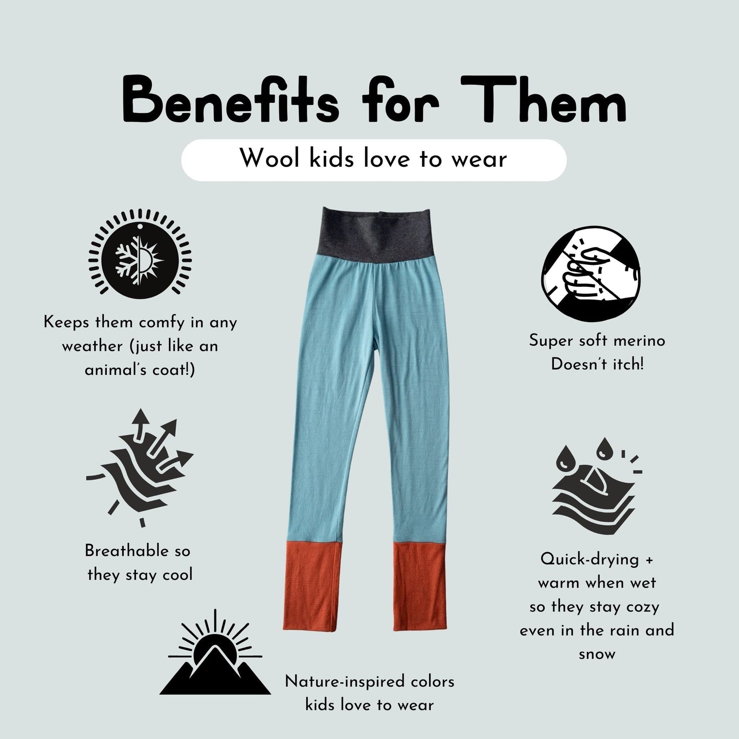 Wool pants with benefits listed on a light gray background