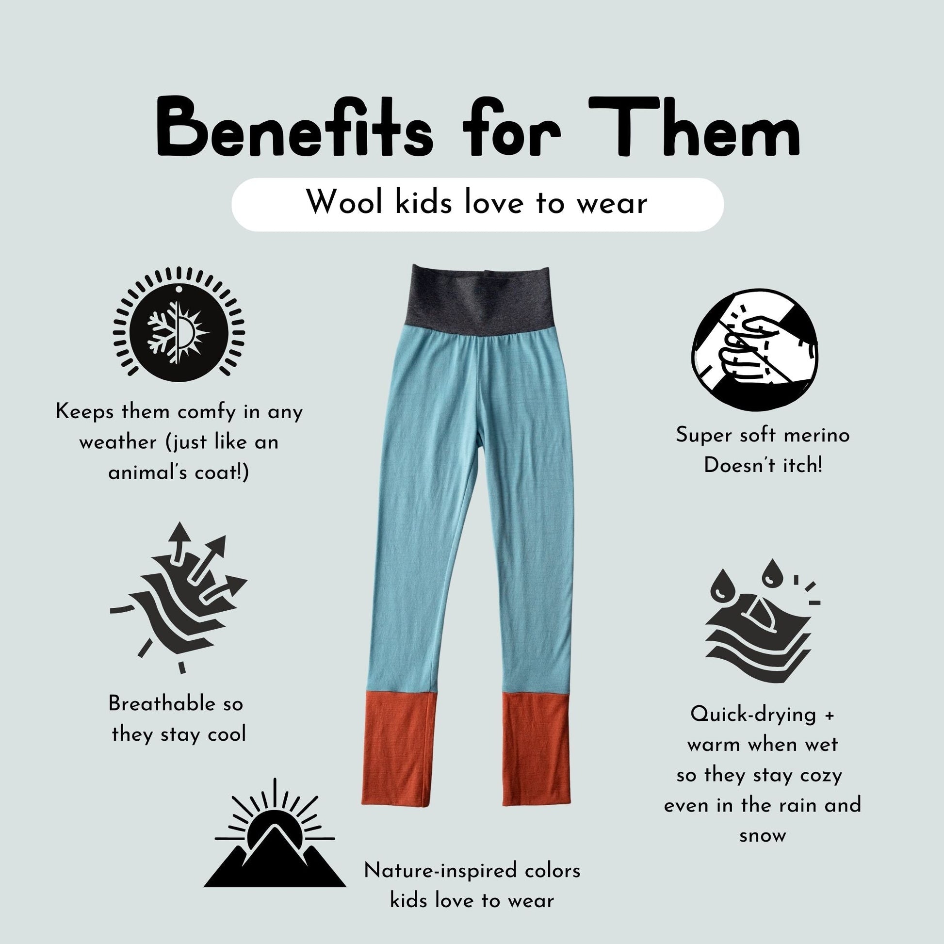 Wool pants with benefits listed on a light gray background