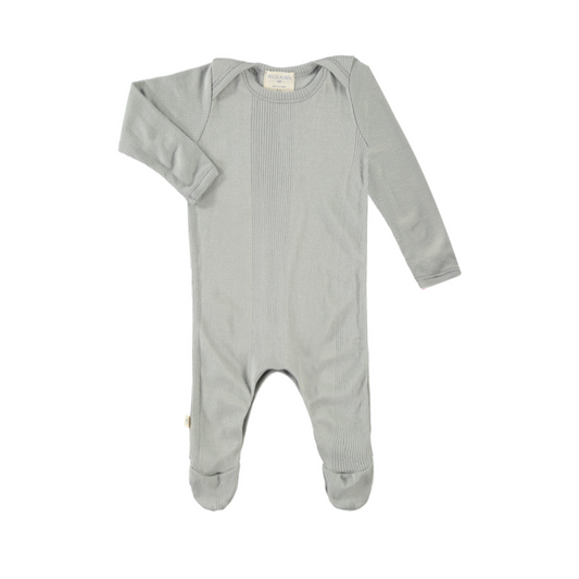 Gray baby onesie with footies on a white background