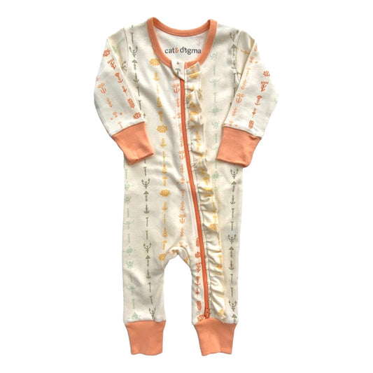 Baby onesie with orange accents and a pattern on a white background