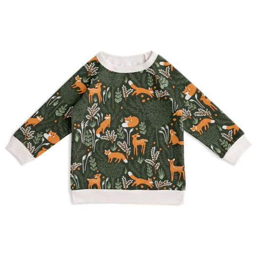 Children's sweatshirt with forest animal pattern on a white background