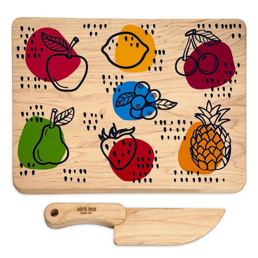Kid's Chef-in-Training Fruit Wooden Cutting Board with Handcrafted Wooden Knife | Made in the USA