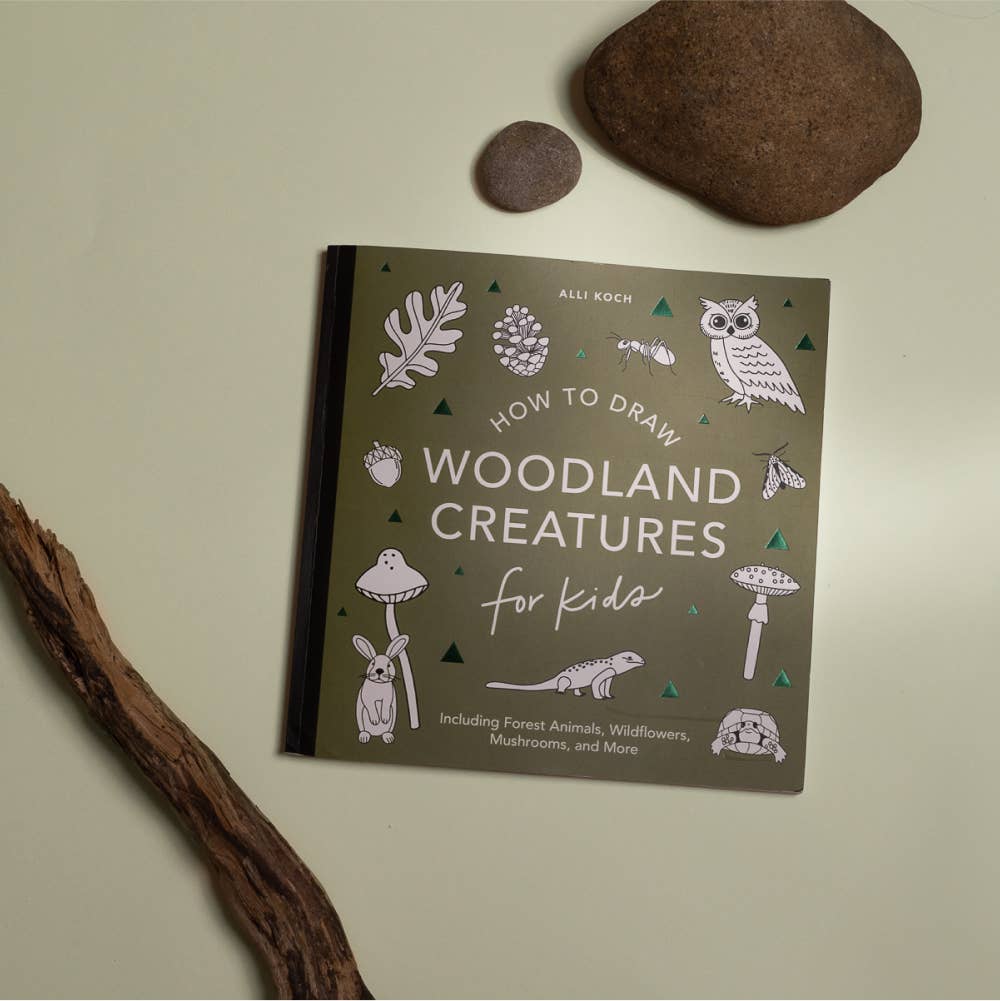 Book titled 'How to Draw Woodland Creatures for Kids' with illustrations on a beige background.