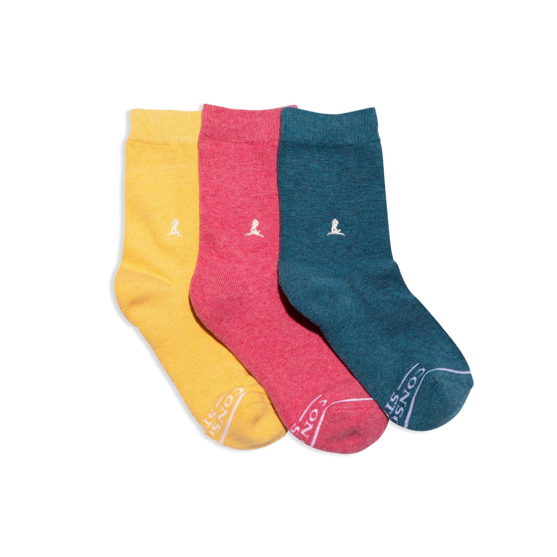 Three pairs of socks in yellow, red, and blue on a white background