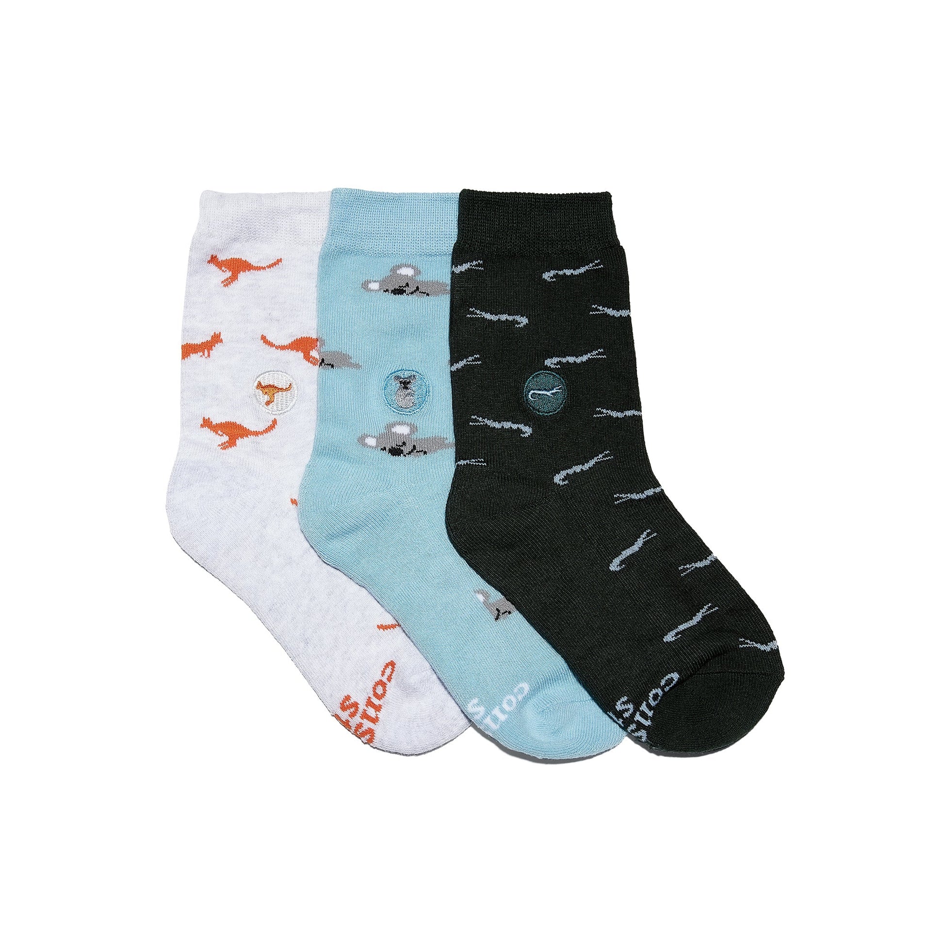 Three pairs of socks in white, light blue, and black with animal patterns on a white background.