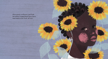 Load image into Gallery viewer, A page from A Story about Afiya: a child is surrounded by sunflowers

