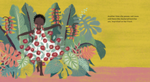 Load image into Gallery viewer, A page from A Story About Afiya: a child wearing a white dress decorated with red flowers is dancing among plants
