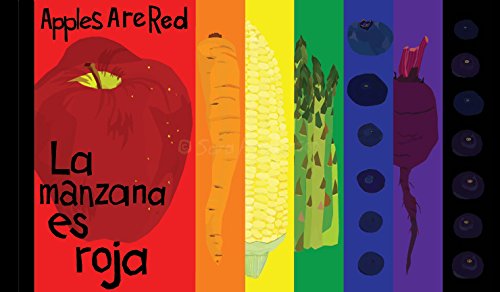 Colorful illustration board book cover of vegetables with text in multiple languages on a rainbow background