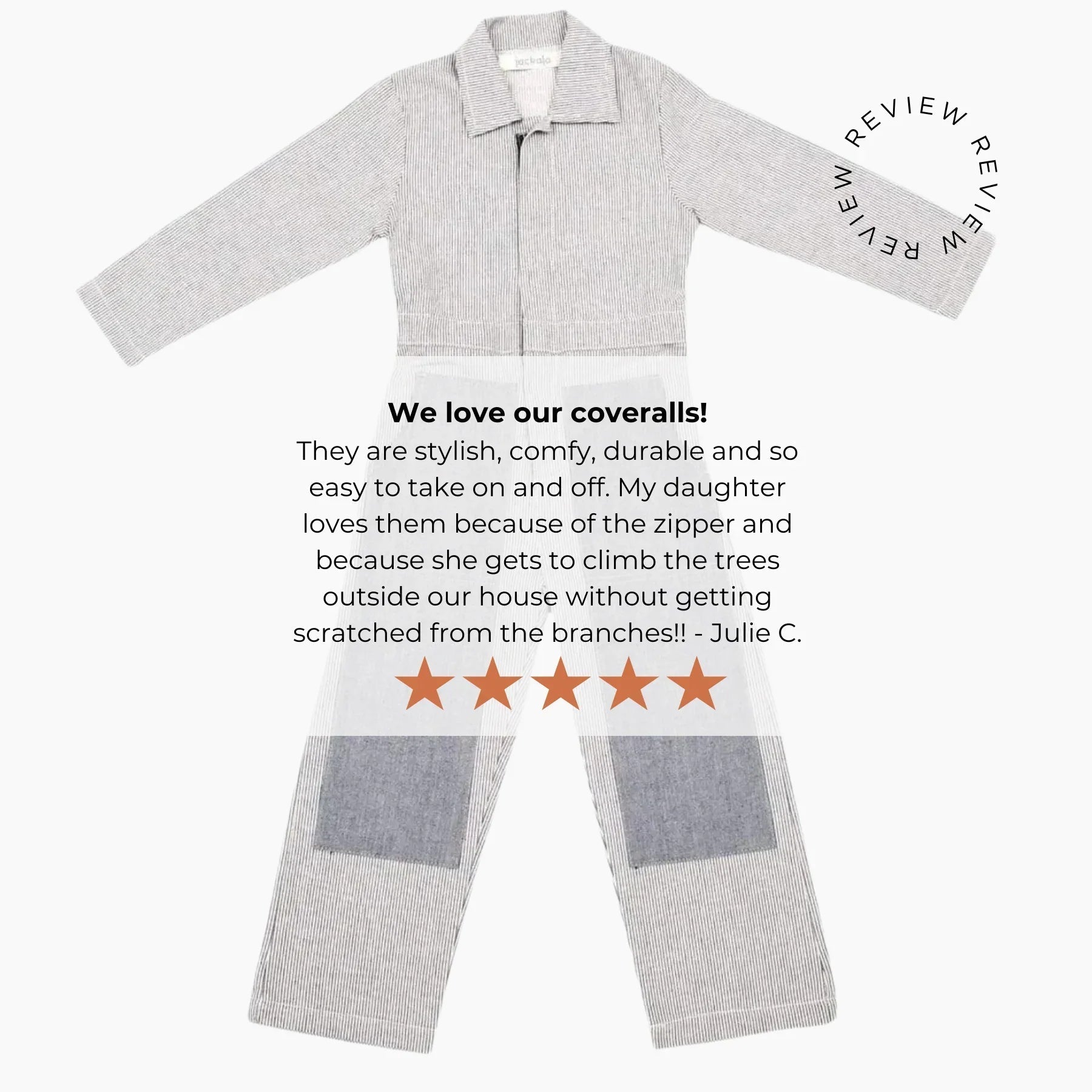 Gray coveralls with a five-star rating and customer review on a white background