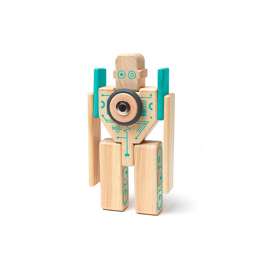 Wooden robot toy with teal accents on a white background
