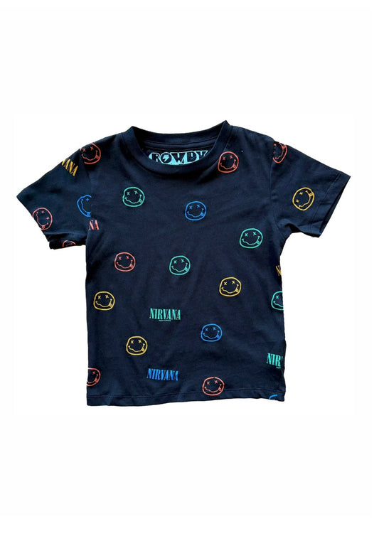 Nirvana t-shirt with smiley face designs on a white background