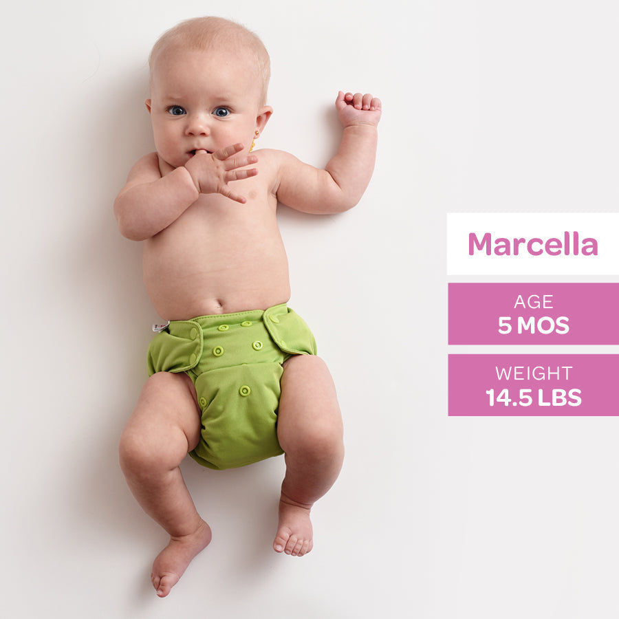 Baby wearing a green diaper with age and weight information displayed.