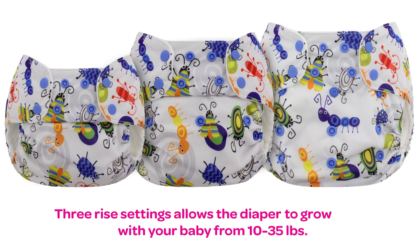Three colorful baby diapers with insect patterns on a white background