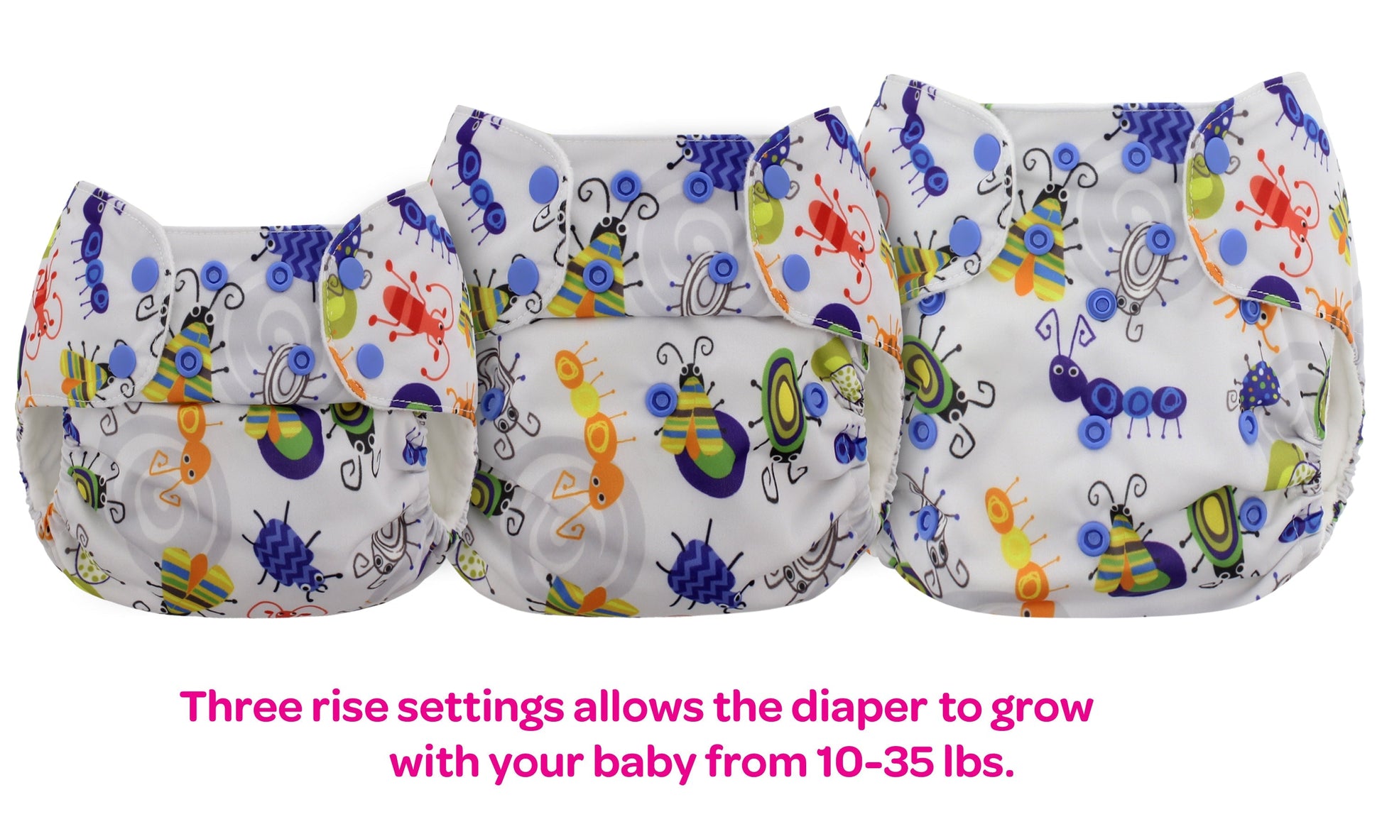 Three colorful baby diapers with insect patterns on a white background