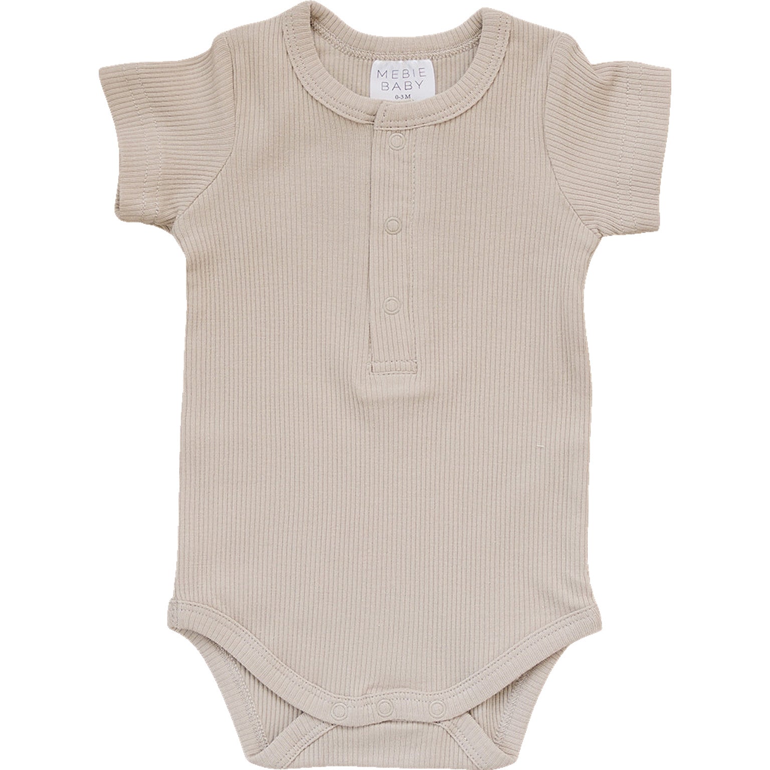 Beige baby bodysuit with short sleeves on a white background