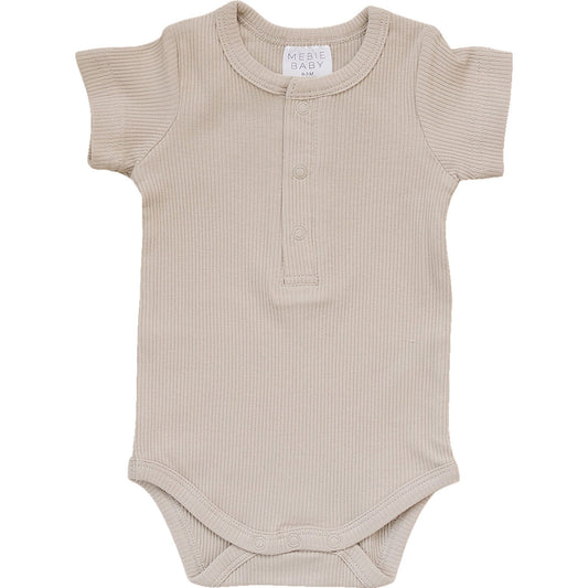 Beige baby bodysuit with short sleeves on a white background