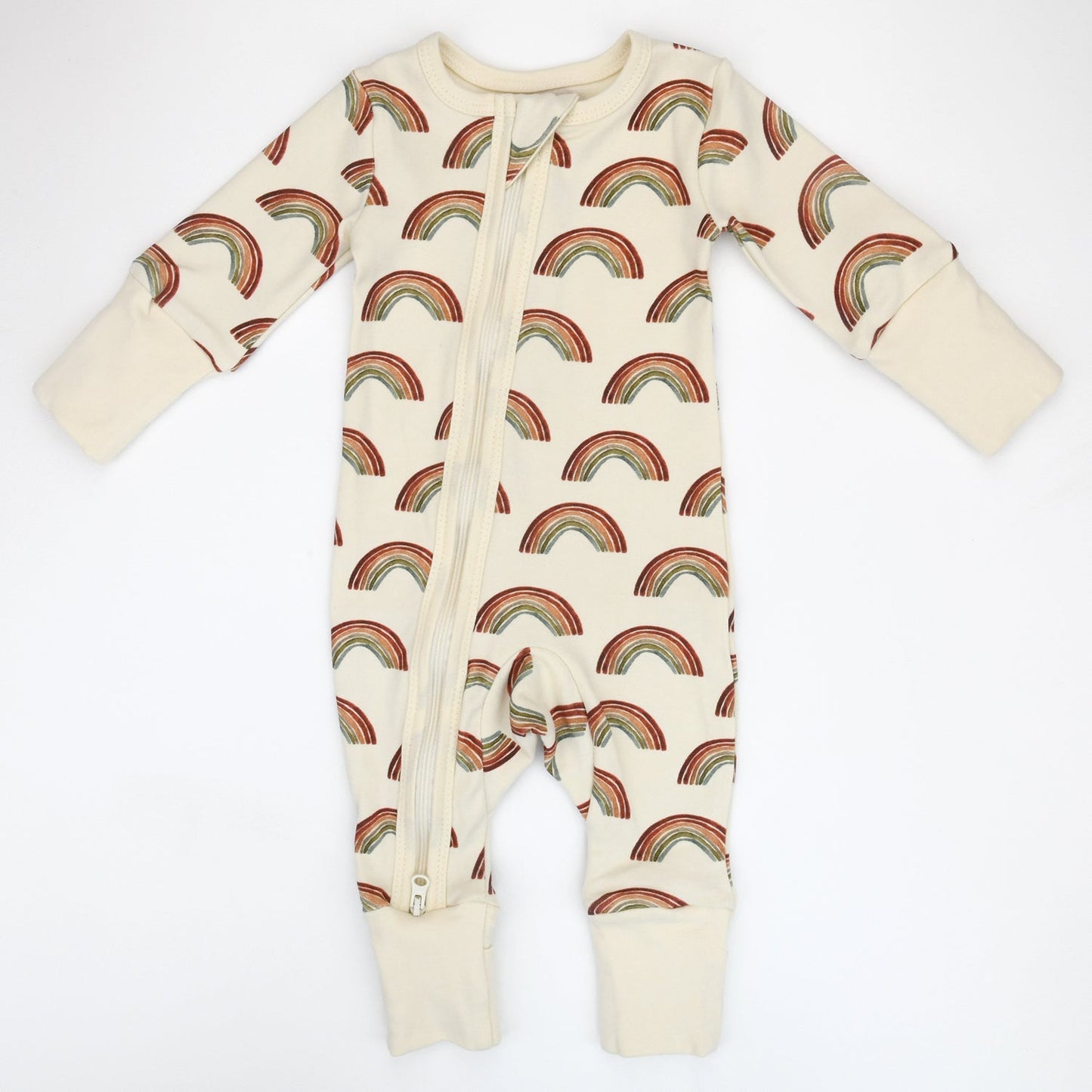 Baby onesie with rainbow pattern on a white background