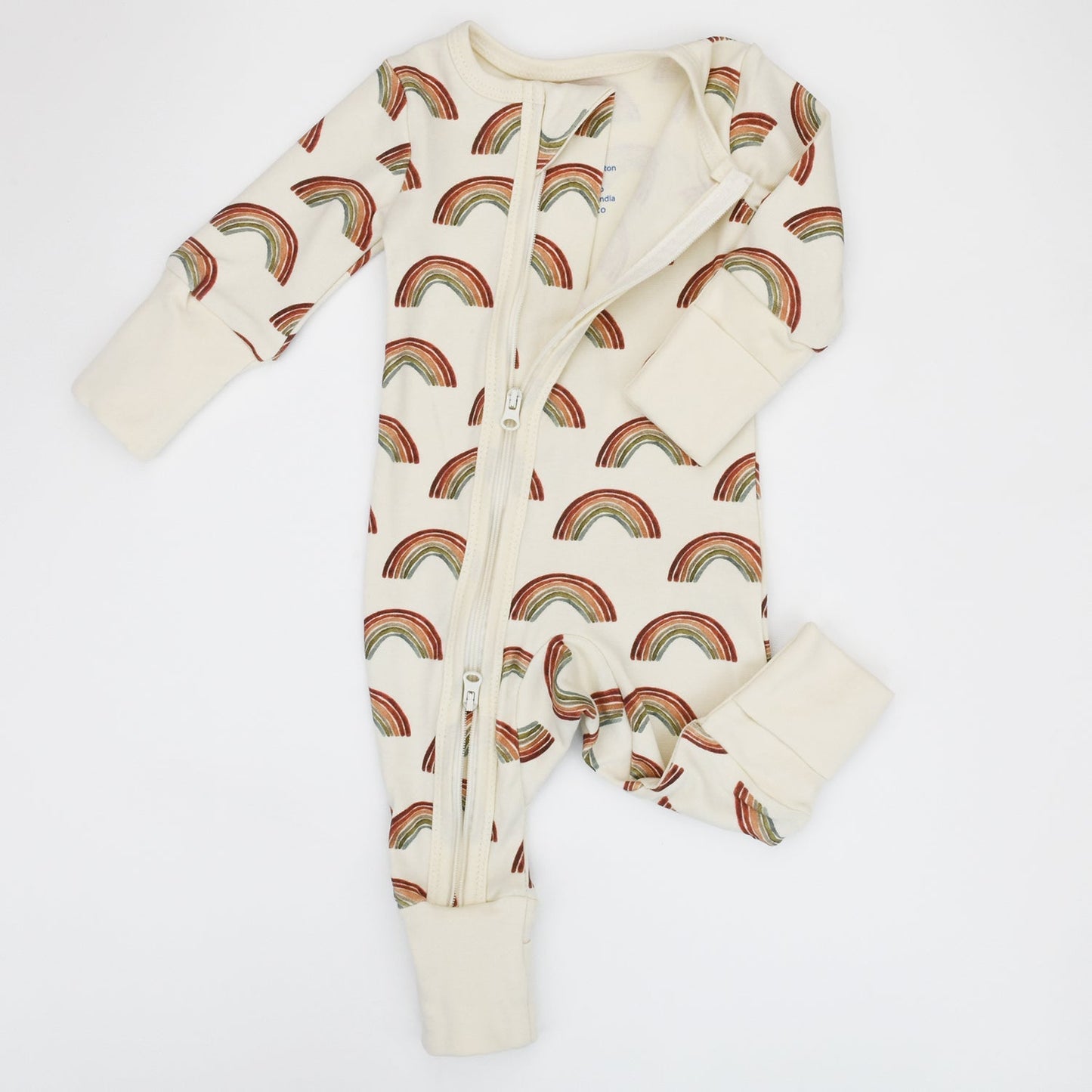 Baby onesie with rainbow pattern on a white background
