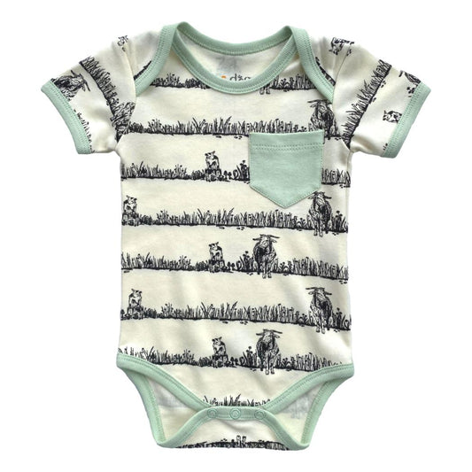 Baby bodysuit with black and white pattern on a white background