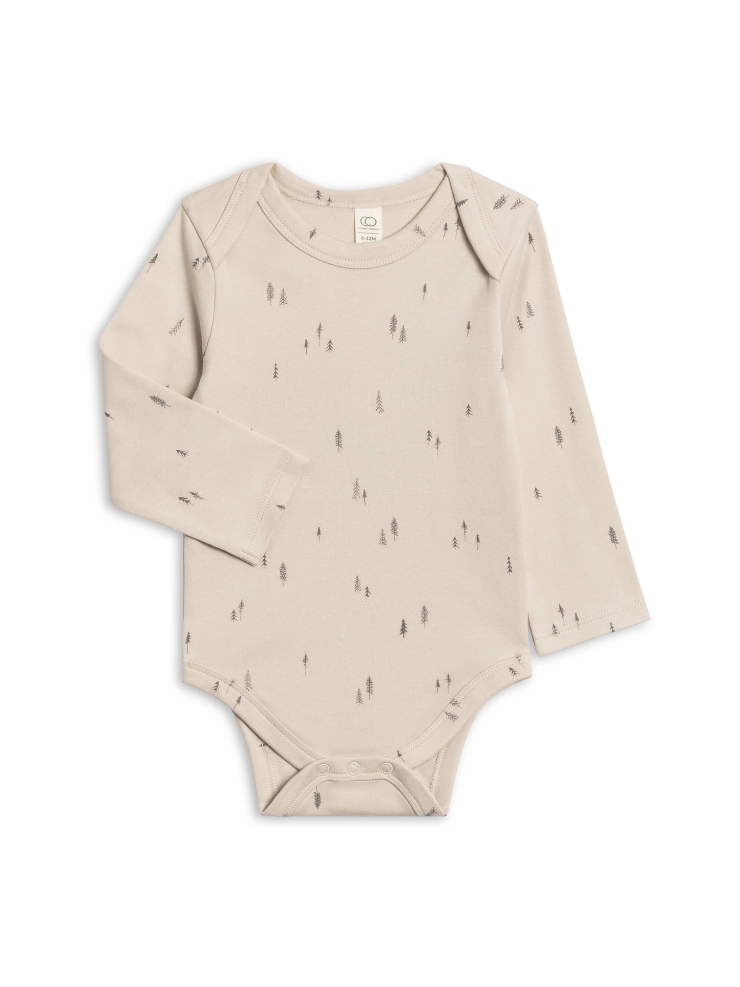 Beige baby bodysuit with subtle pattern on a white background