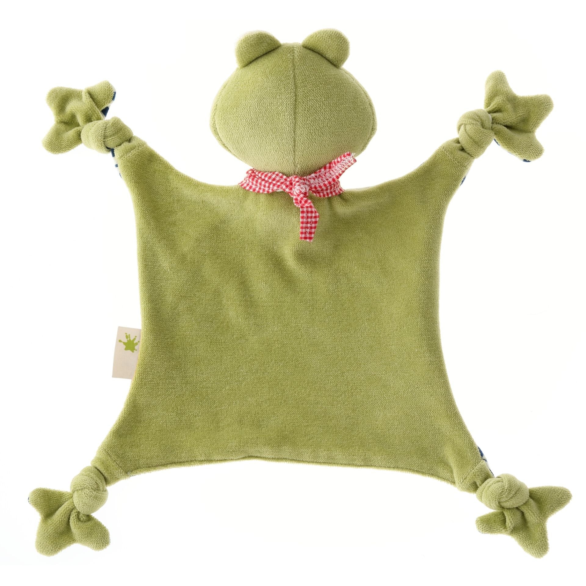 Green frog-shaped comfort blanket with knotted legs on a white background