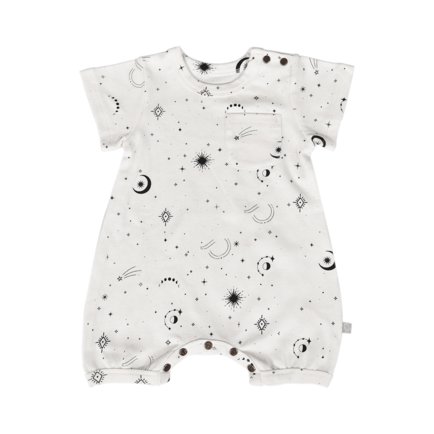 Baby romper with celestial pattern on a white background