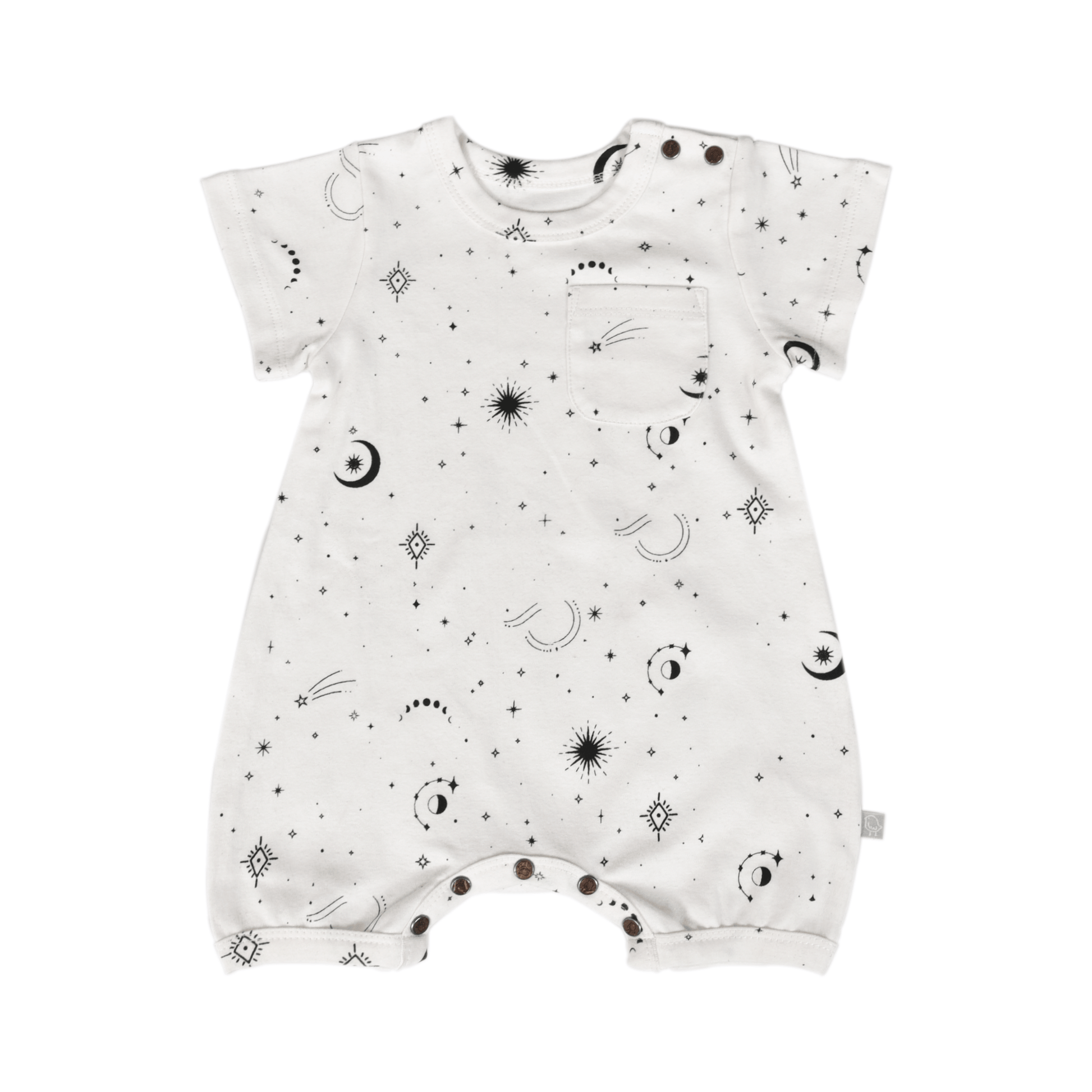 Baby romper with celestial pattern on a white background