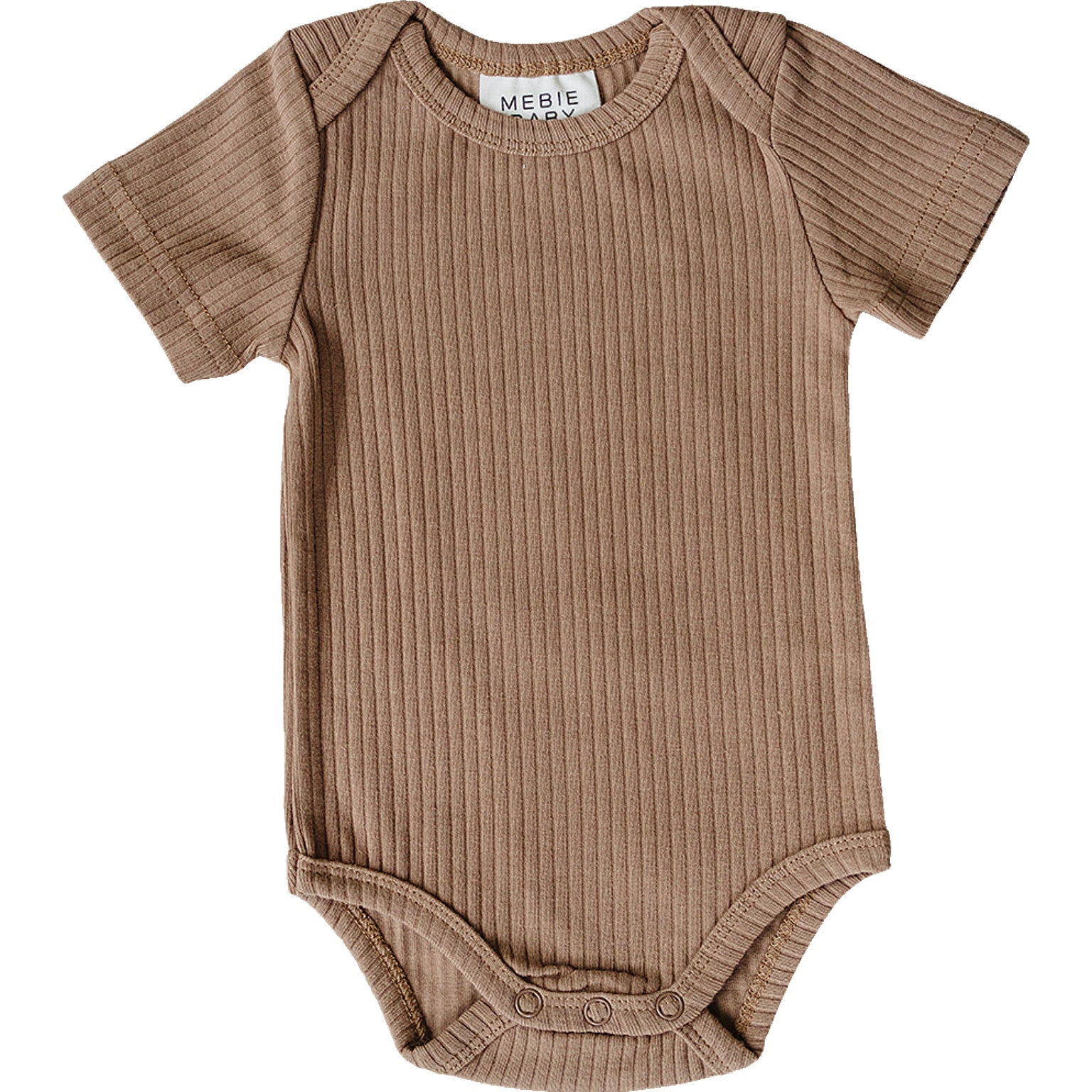 Brown ribbed baby onesie with 'MEBIE' label on a white background