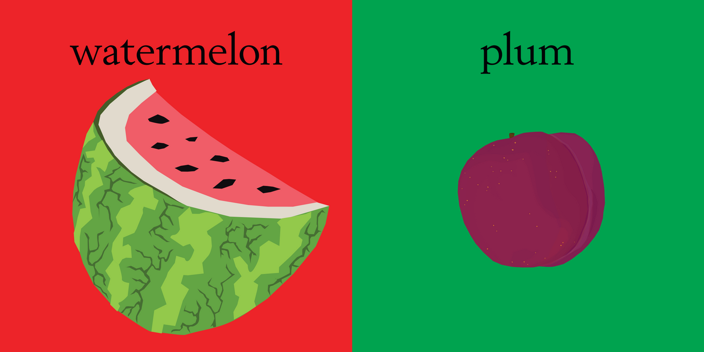 Sara Anderson's fruit book Slice of watermelon on a red  background and purple plum on a green background