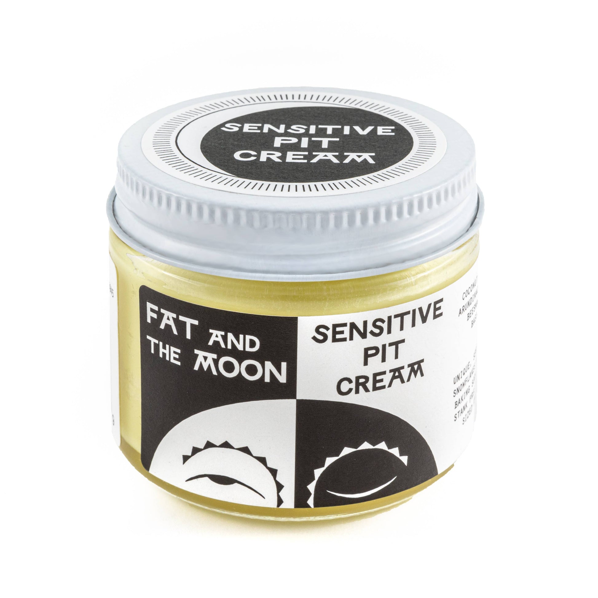 Jar of 'Sensitive Pit Cream' by Fat and the Moon on a white background