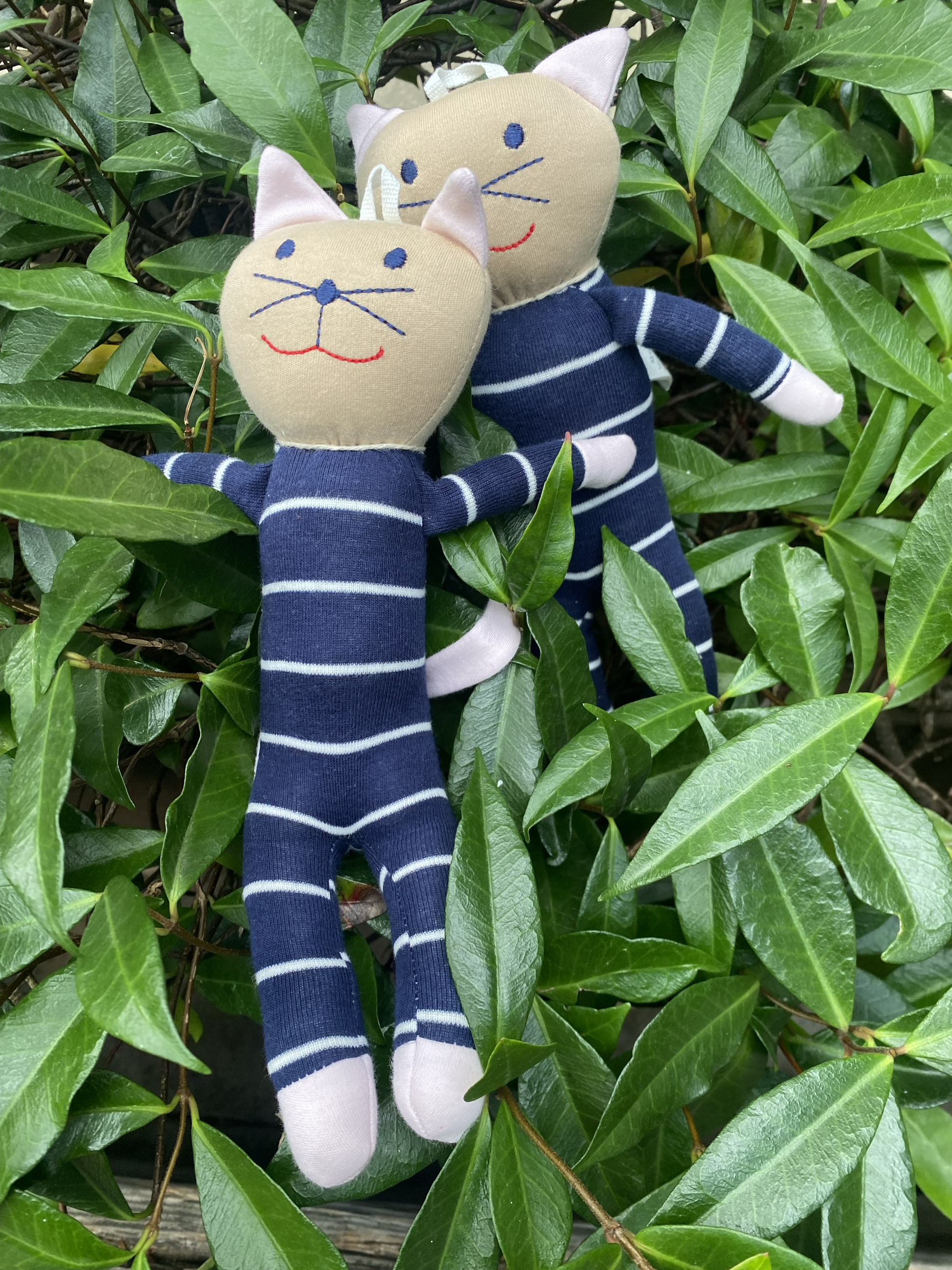 Two plush cat toys in blue striped outfits among green leaves