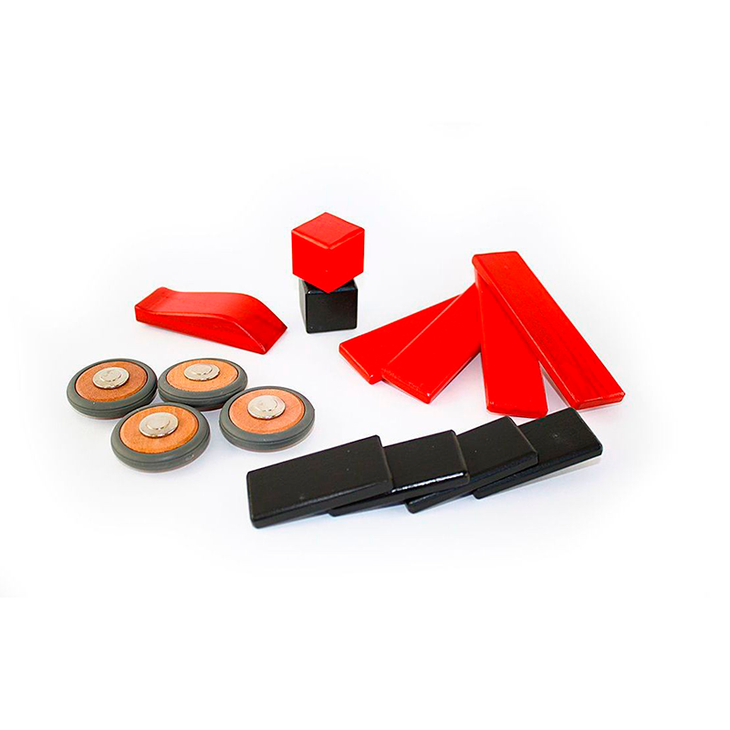 Set of red, black, and orange plastic components on a white background