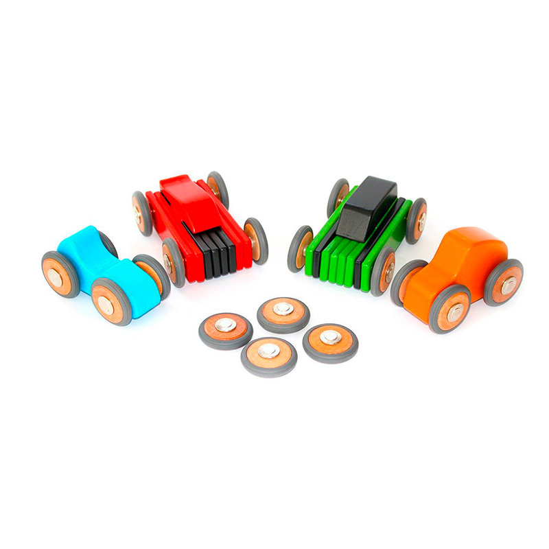 Set of colorful toy cars and wheels on a white background