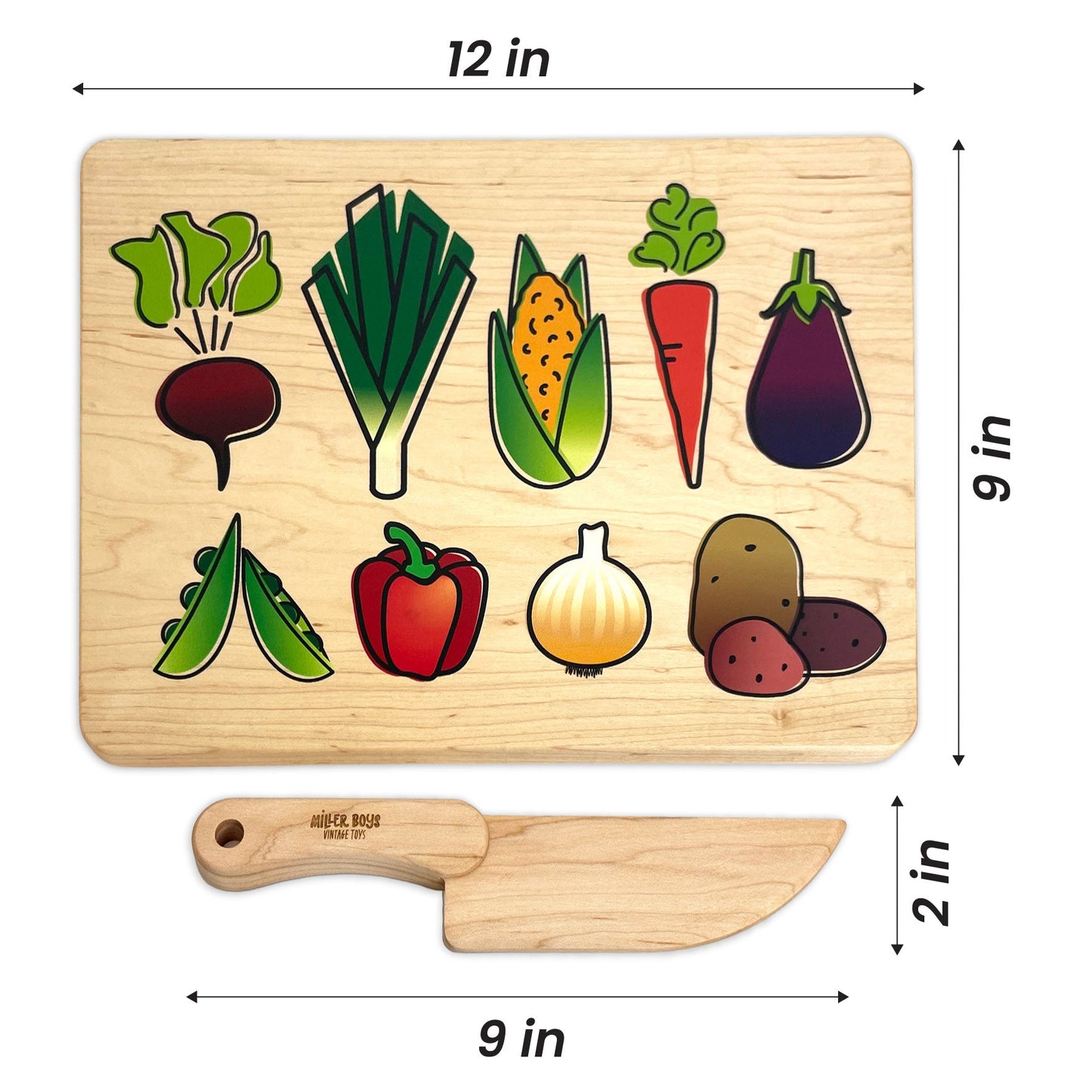 Kid's Chef-in-Training Veggie Wooden Cutting Board with Handcrafted Wooden Knife | Made in the USA