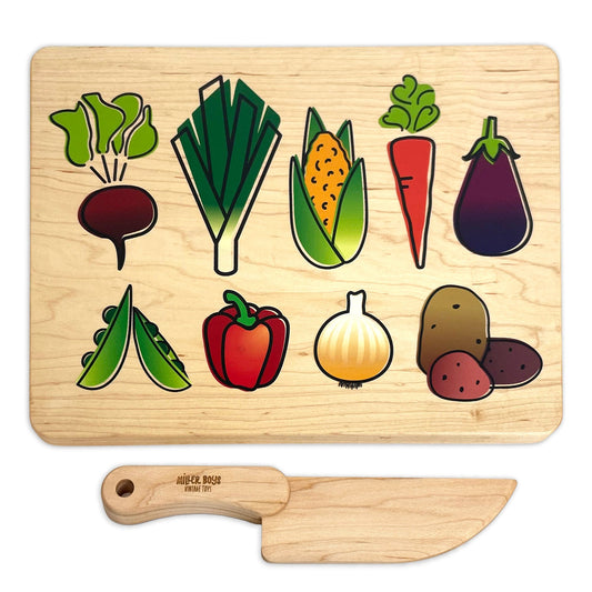 Kid's Chef-in-Training Veggie Wooden Cutting Board with Handcrafted Wooden Knife | Made in the USA