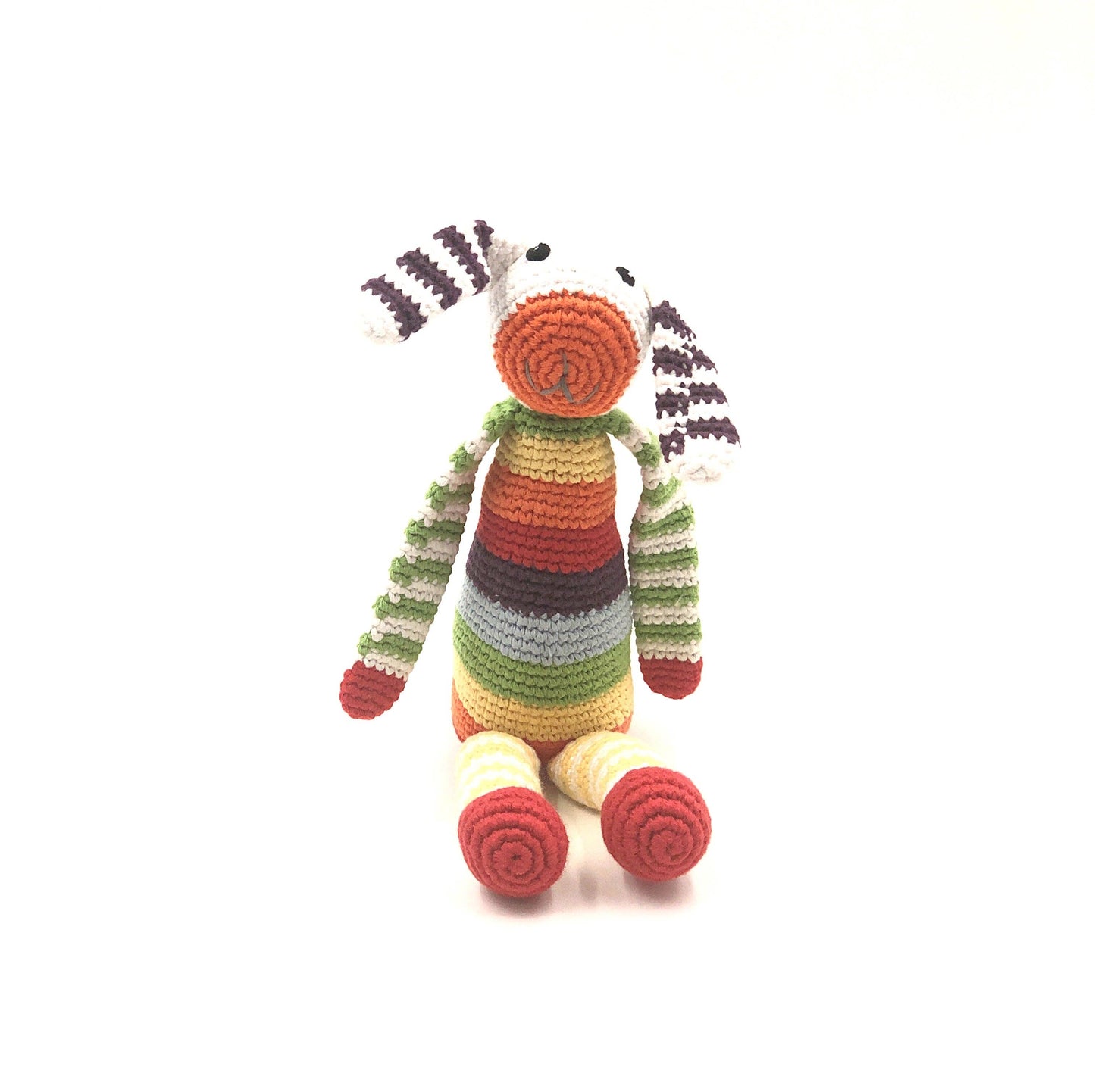 Colorful striped toy bunny on a white background