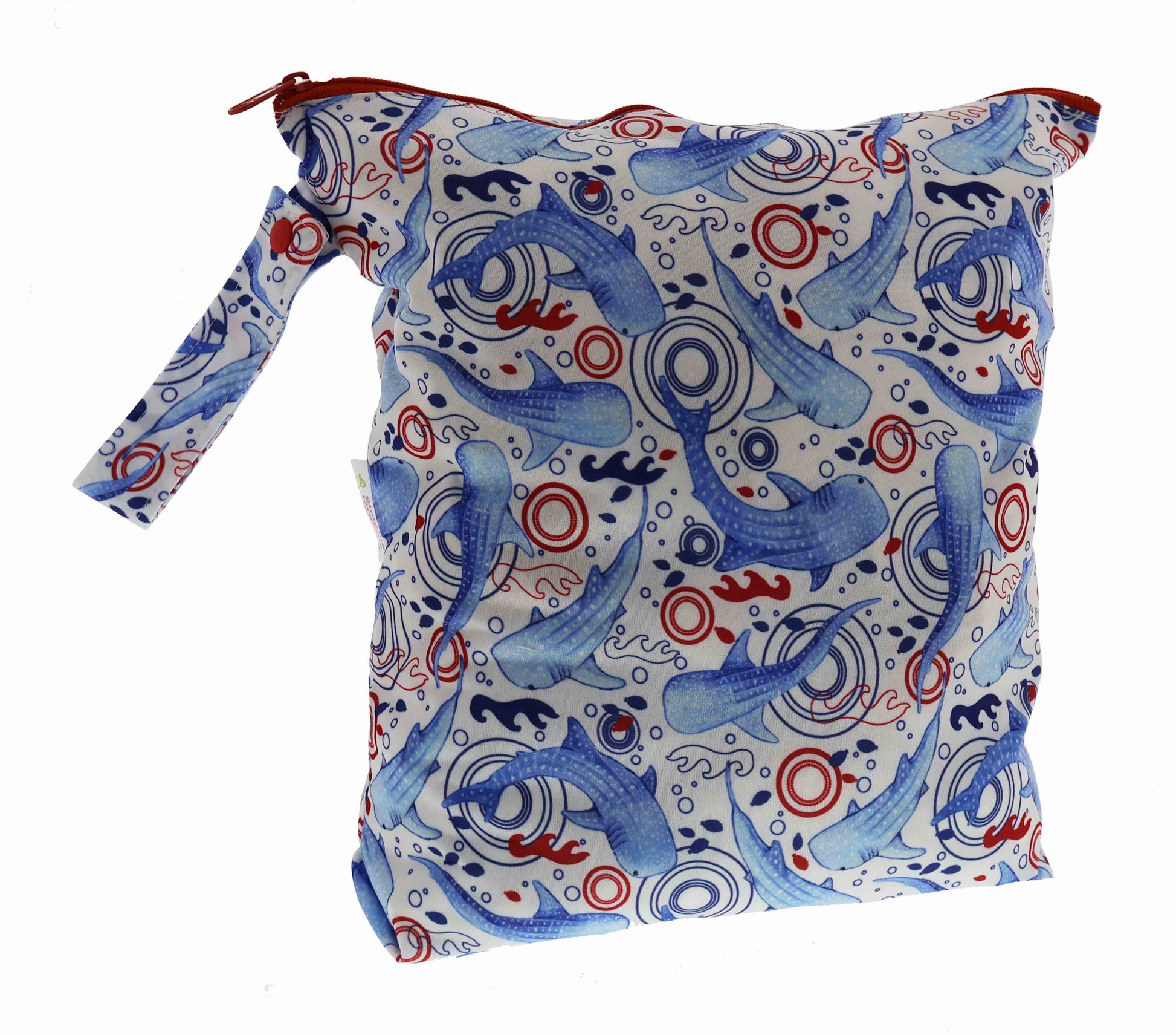Reusable shopping bag with blue whale pattern on a white background