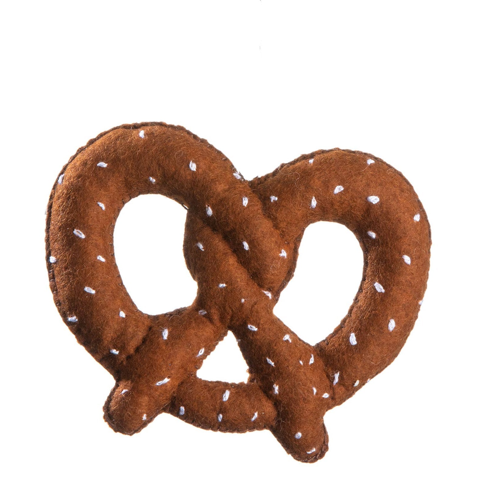 Cute handmade wool knotted pretzel on a while back ground