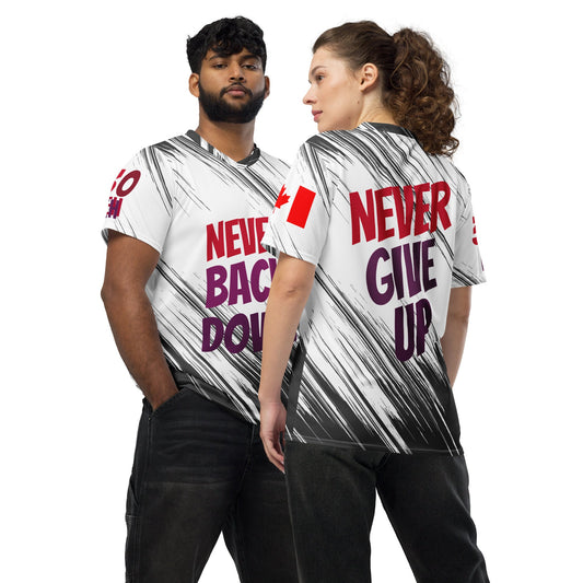 Never Give Up Jersey by Alastair - Recycled unisex sports jersey