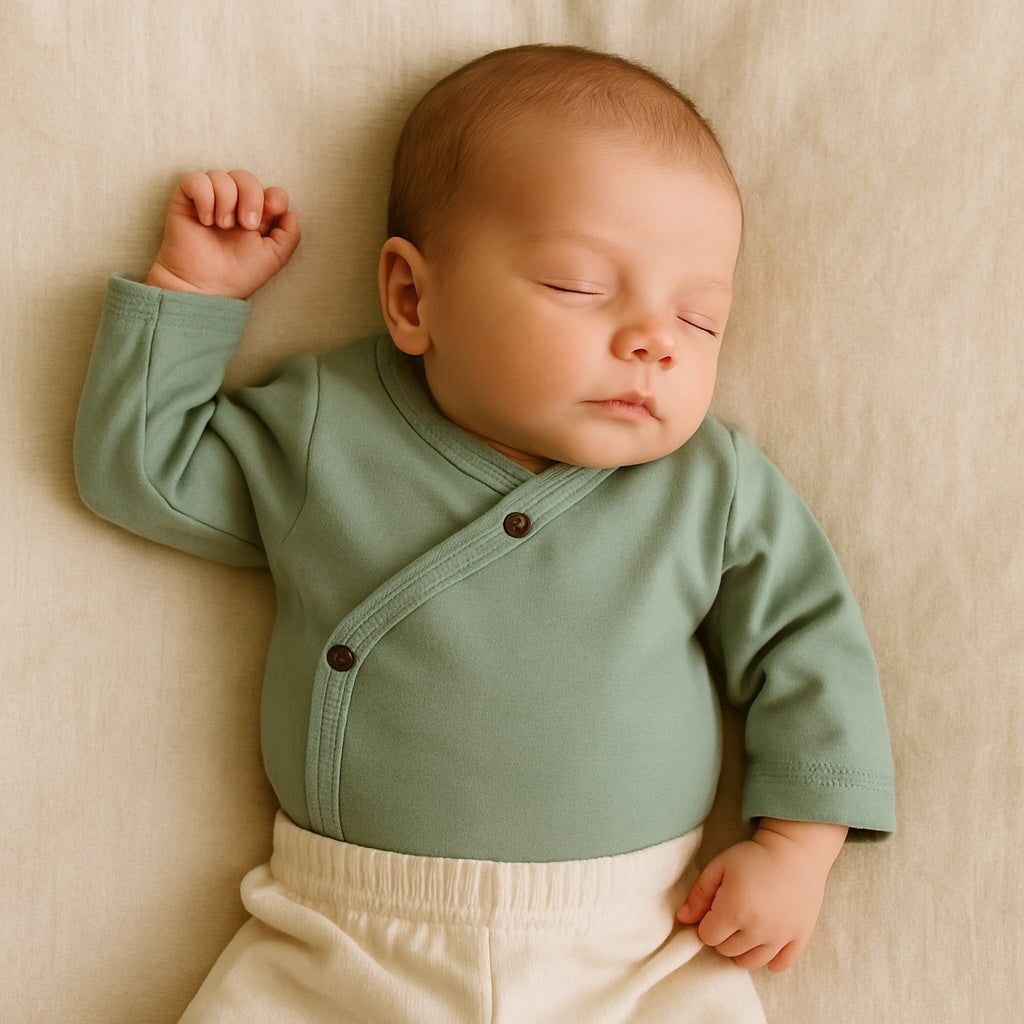 Newborn baby wearing a green cardigan and white pants, sleeping on a beige surface.