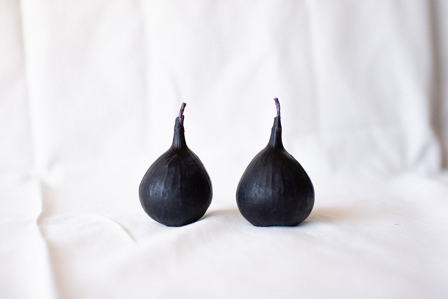 Two dark purple figs on a white background